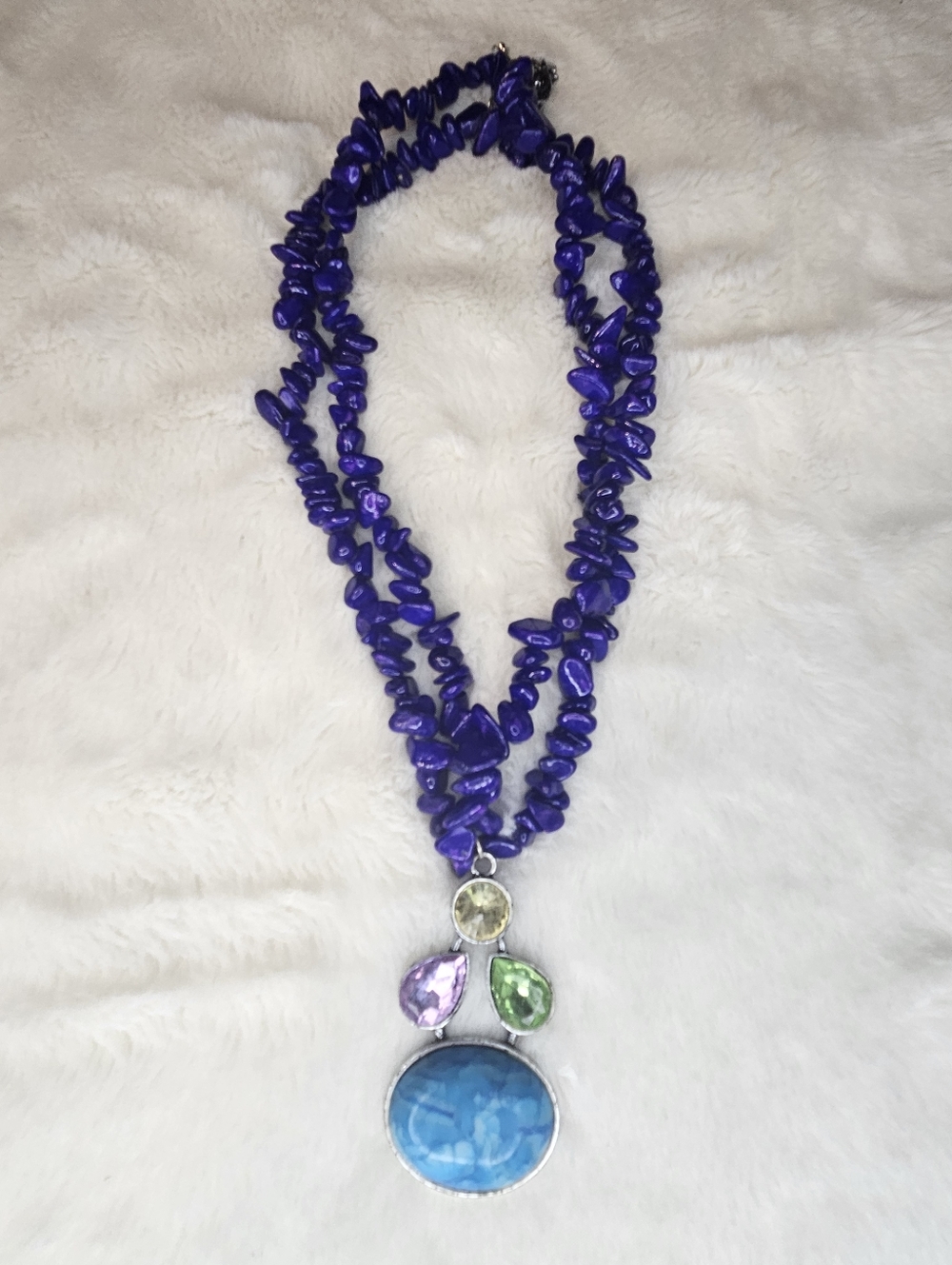 Blue Beaded Necklace with Multicolor Gem Pendant